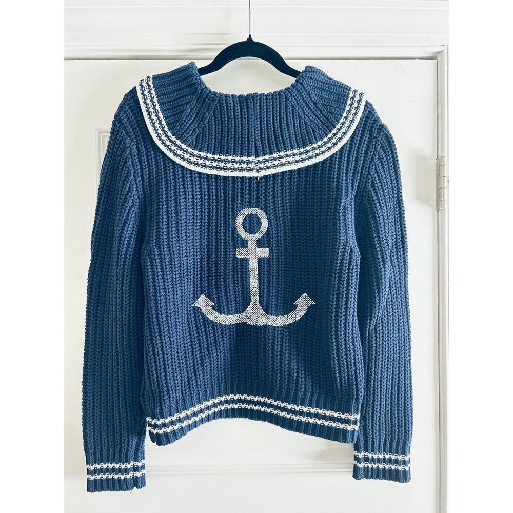 Marled Womens Navy Blue Sailor Collar Anchor Knit Sweater NWT S - Picture 3 of 3
